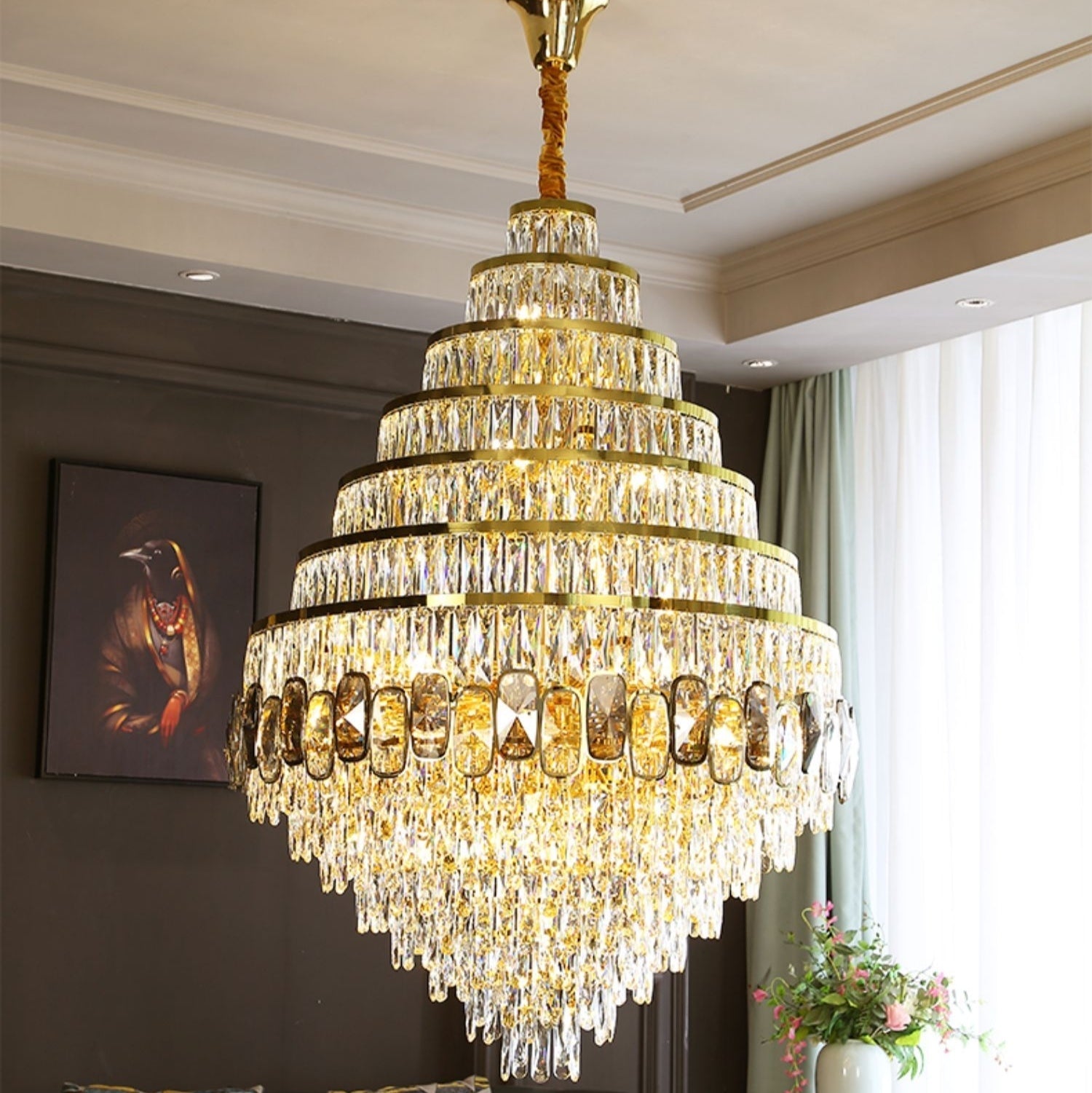 Honeycomb Shaped Ceiling Chandelier Extra Large Crystal Light Fixture For Foyer Staircase/ Entryway In Gold Finish-MEET LIGHTING
