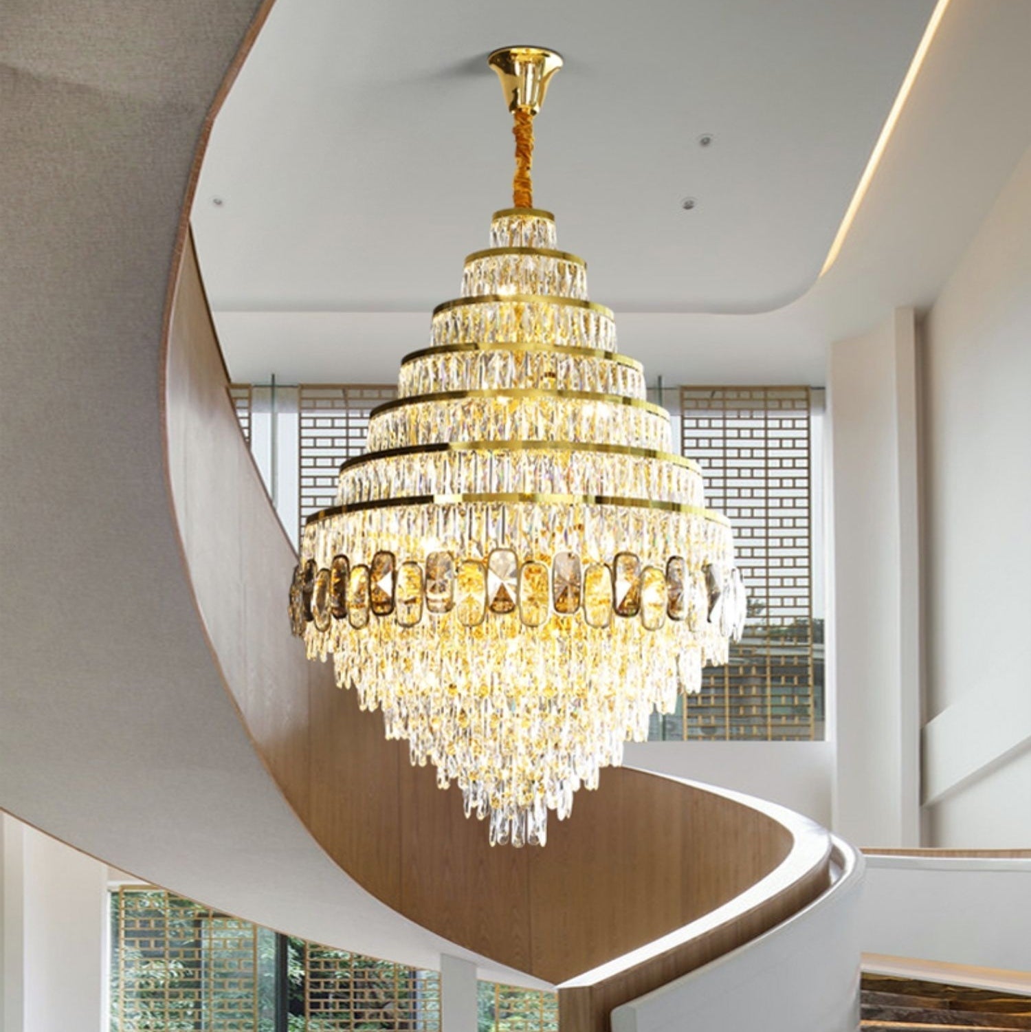 Honeycomb Shaped Ceiling Chandelier Extra Large Crystal Light Fixture For Foyer Staircase/ Entryway In Gold Finish-MEET LIGHTING