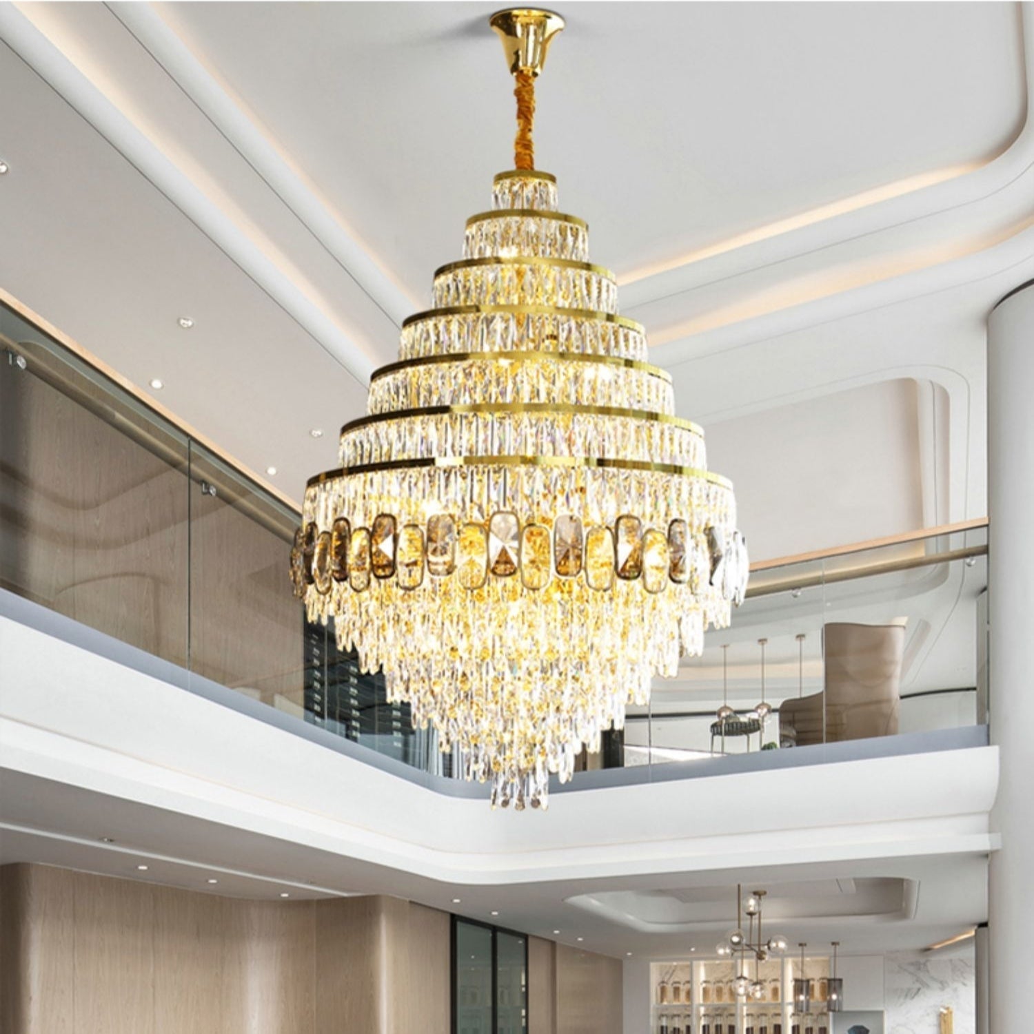 Honeycomb Shaped Ceiling Chandelier Extra Large Crystal Light Fixture For Foyer Staircase/ Entryway In Gold Finish-MEET LIGHTING