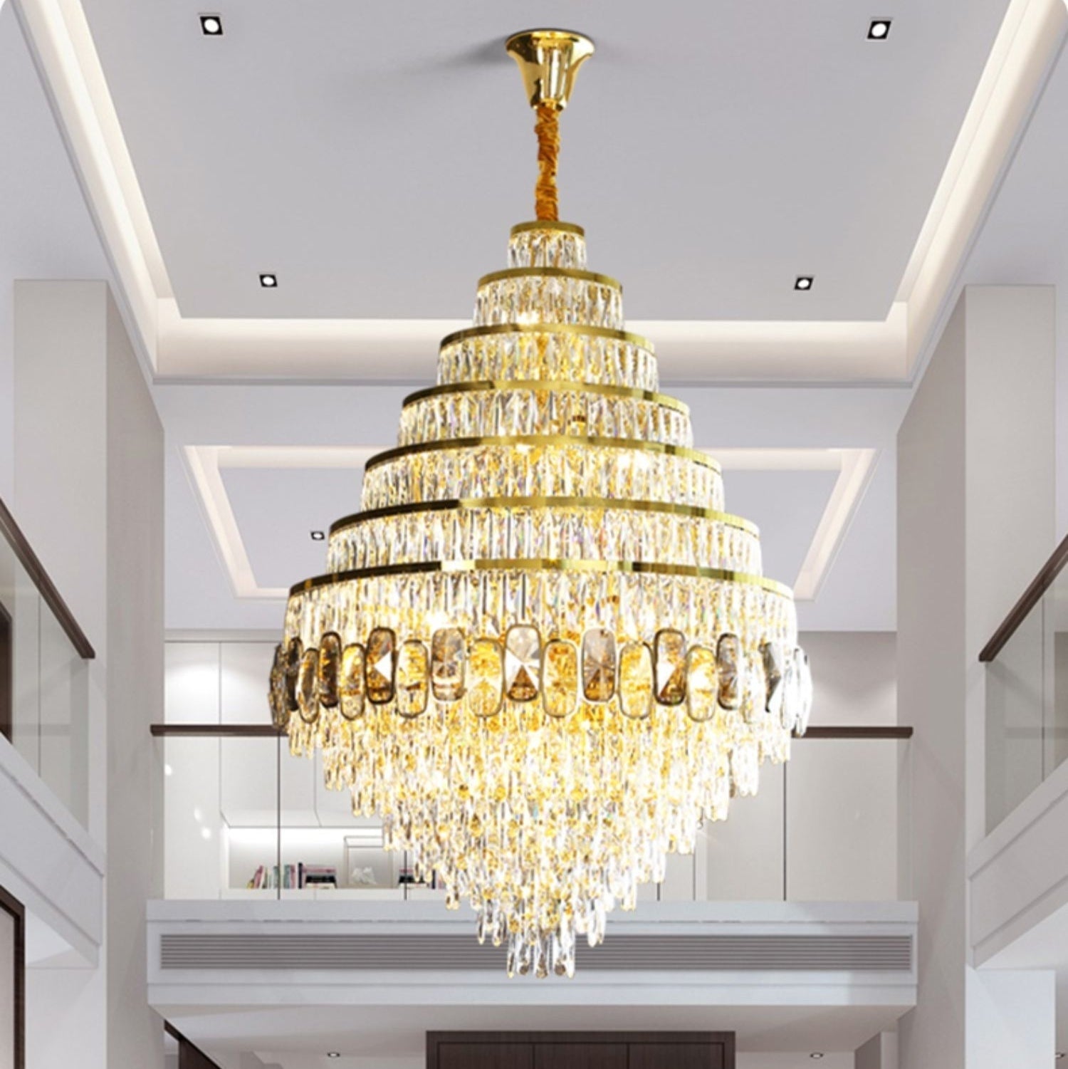 Honeycomb Shaped Ceiling Chandelier Extra Large Crystal Light Fixture For Foyer Staircase/ Entryway In Gold Finish-MEET LIGHTING