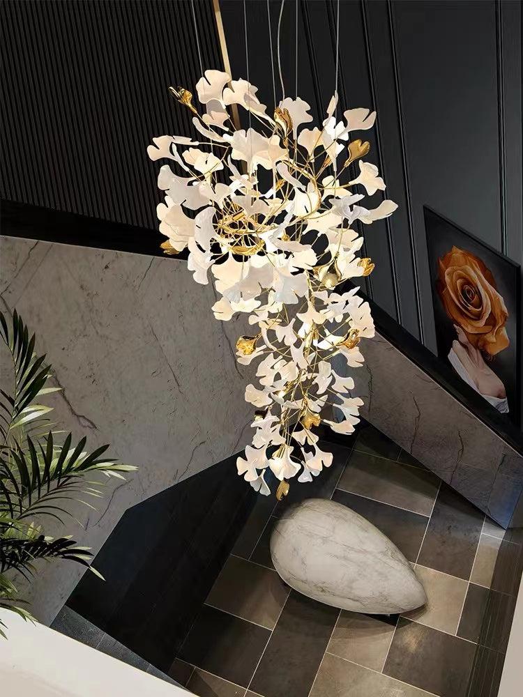 Porcelain Linear Gold Ginkgo Chandelier-Meet Lighting