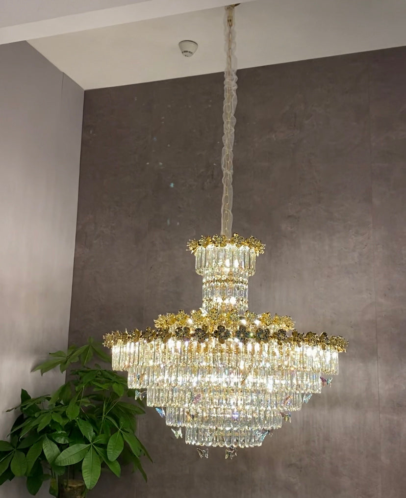 Modern Light Luxury Art Design Butterfly Multi-tiered Round Crystal Chandelier with Golden Flowers for Living Room/Staircase/Foyer-MEET LIGHTING