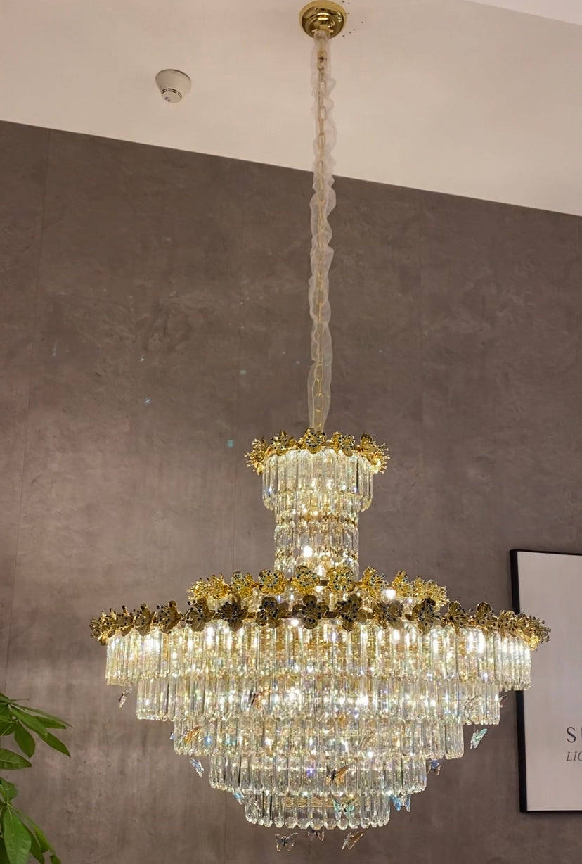 Modern Light Luxury Art Design Butterfly Multi-tiered Round Crystal Chandelier with Golden Flowers for Living Room/Staircase/Foyer-MEET LIGHTING