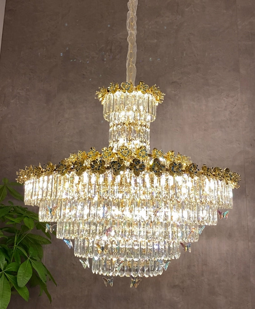 Modern Light Luxury Art Design Butterfly Multi-tiered Round Crystal Chandelier with Golden Flowers for Living Room/Staircase/Foyer-MEET LIGHTING