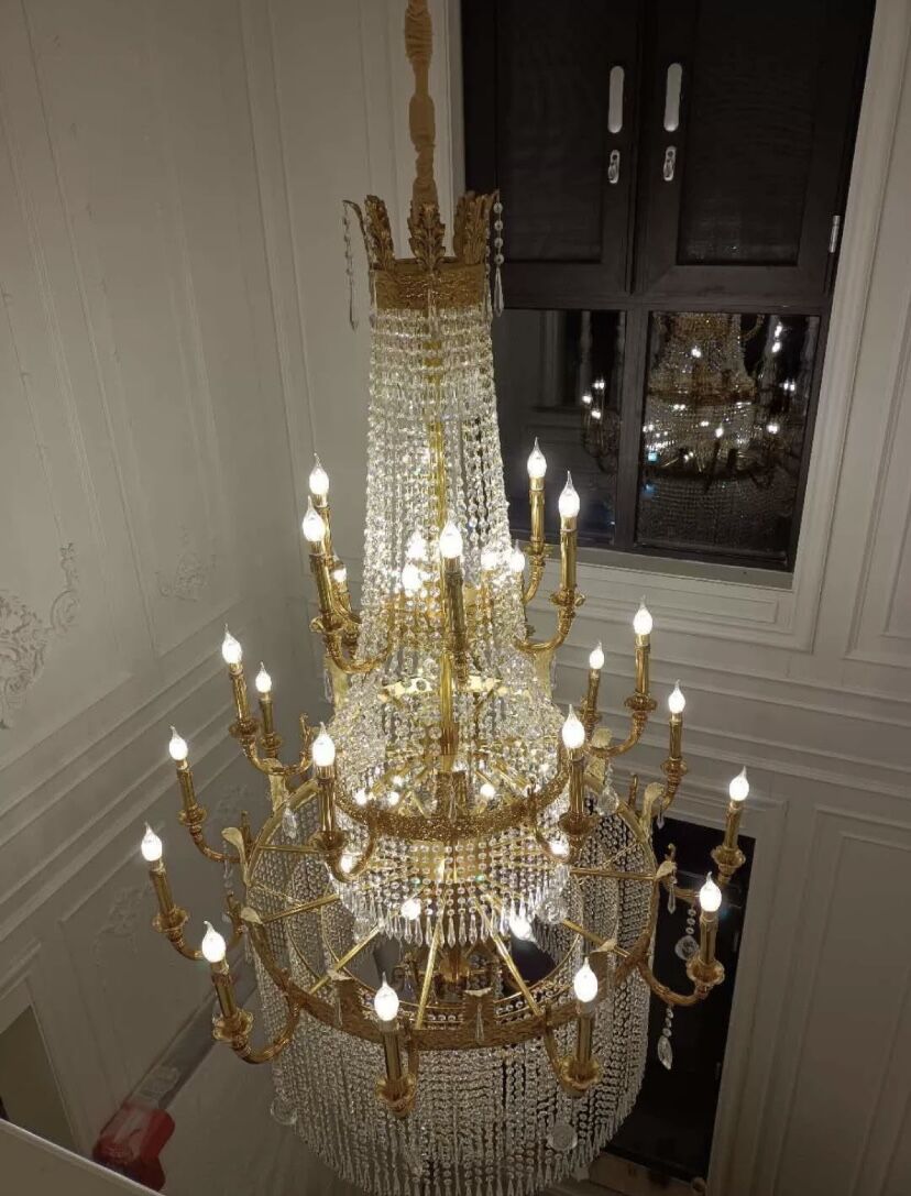 Stunning Oversized Luxury Golden Metal Candle Crystal Tassel Chandelier For High-ceiling Staircase/Entryway/Living/Meeting Room-MEET LIGHTING