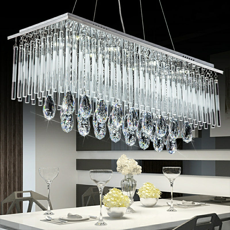 Rectangle Kitchen Island Crystal Drops Chandelier Ceiling Pendant Light For Long Dining Table-MEET LIGHTING