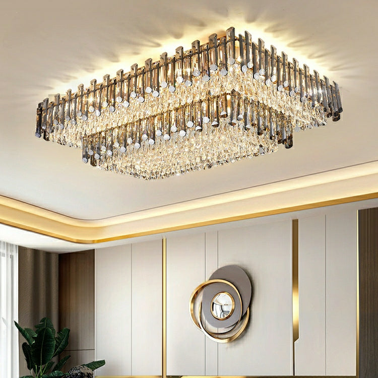 Rectangle Flush Mounted Living Room Chandelier Crystal Ceiling Light Fixture For Long Dining Table-MEET LIGHTING