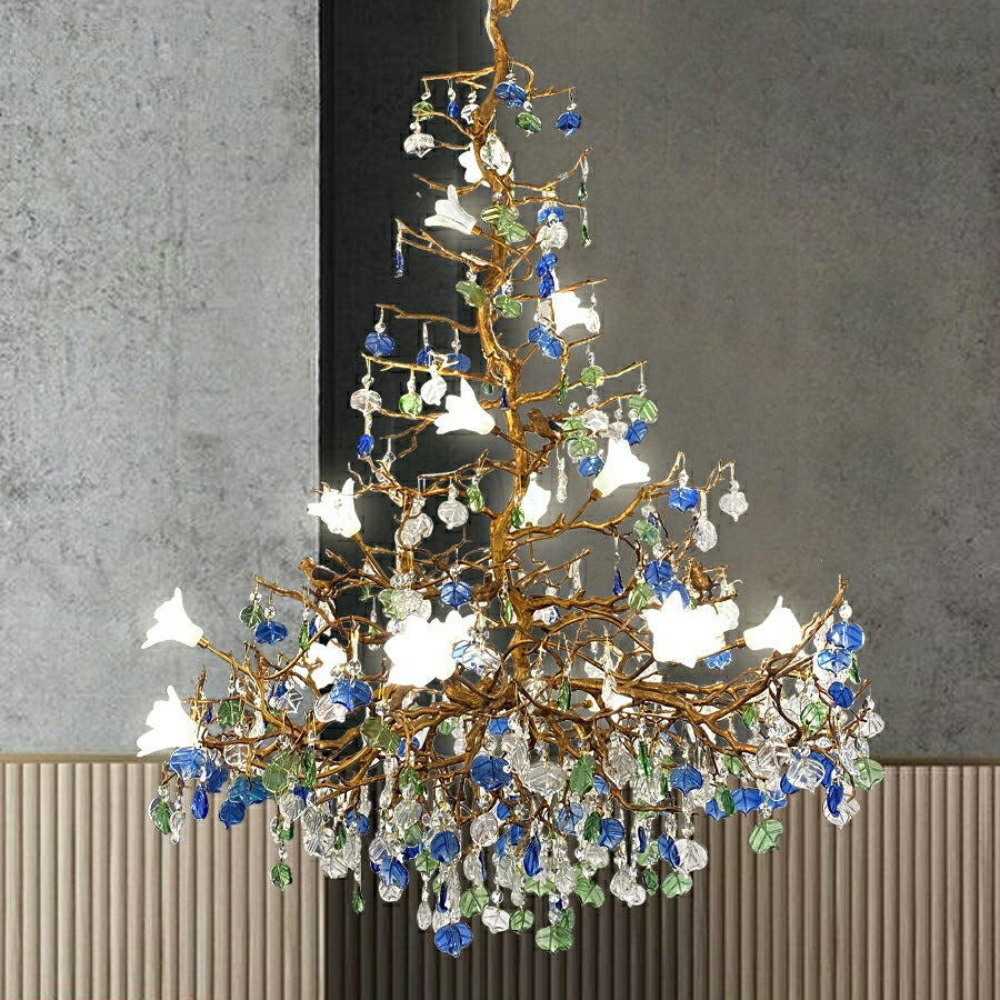 Stylish Colored Glaze Flower Crystal Chandelier Brass Tree Branch Ceiling Light For Living Room Hotel Hall-MEET LIGHTING