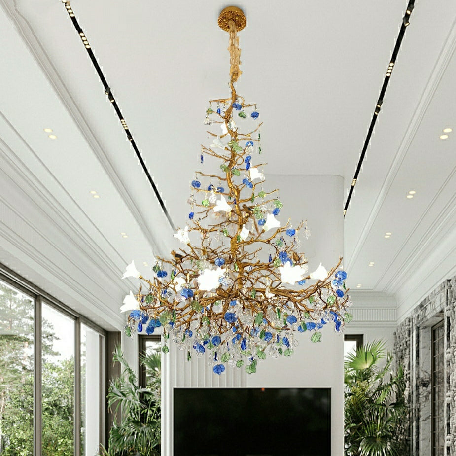 Stylish Colored Glaze Flower Crystal Chandelier Brass Tree Branch Ceiling Light For Living Room Hotel Hall-MEET LIGHTING