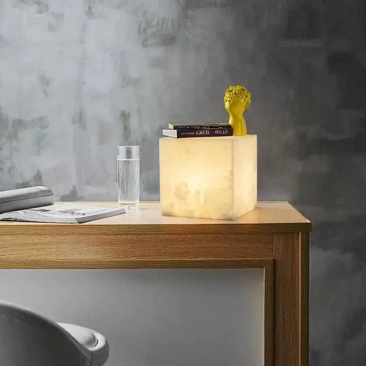 Alabaster Cubic Table Lamp Desk Light 7.9" W   Table Lamp [product_tags] Fabtiko
