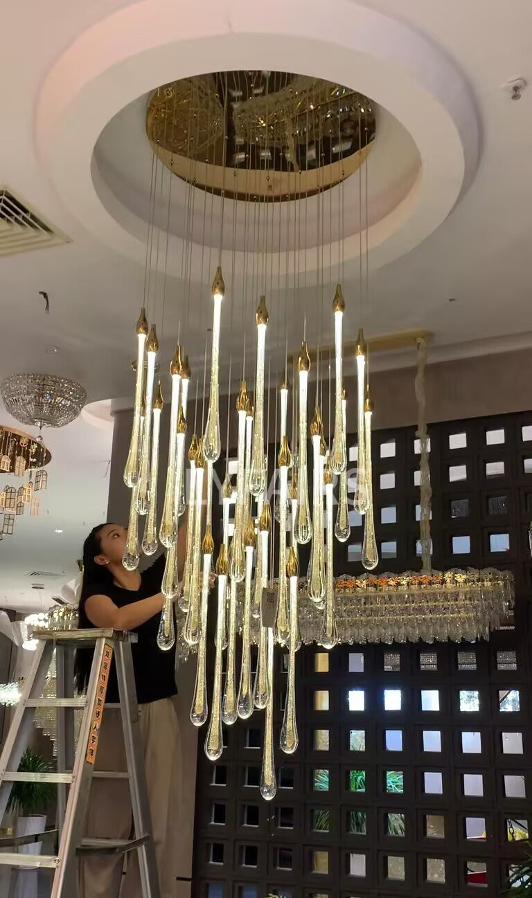 Foyer Glass Drops Pendant Chandelier Spiral Staircase High Ceiling Light Fixture In Gold Finish-MEET LIGHTING