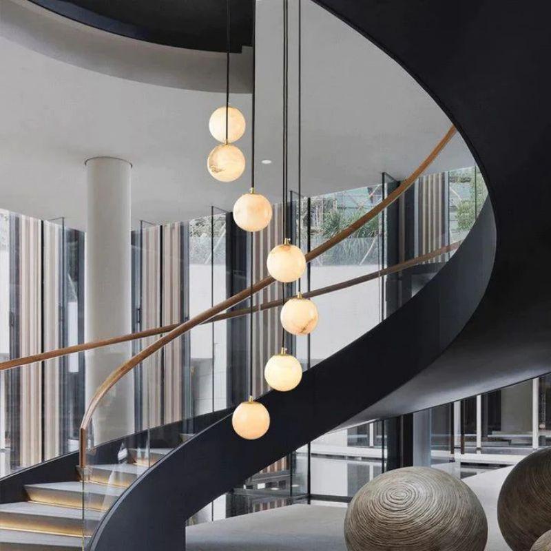 Alabaster Global Pendant Chandelier For Staircase, Spiral Global Pendant - 3 Lights - 7.9" DBlushlighting
