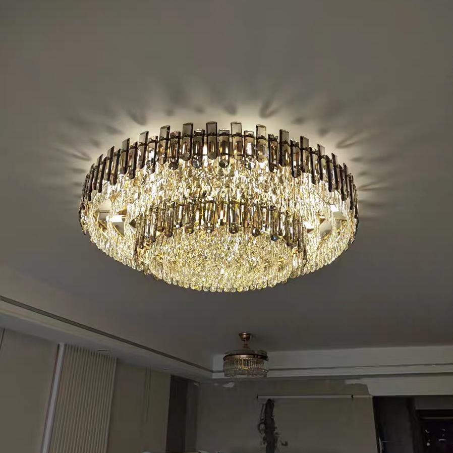 Smoke Gray Crystal Chandelier Flush Mounted Ceiling Light Fitxture Set for Dining Room/Living Room-MEET LIGHTING