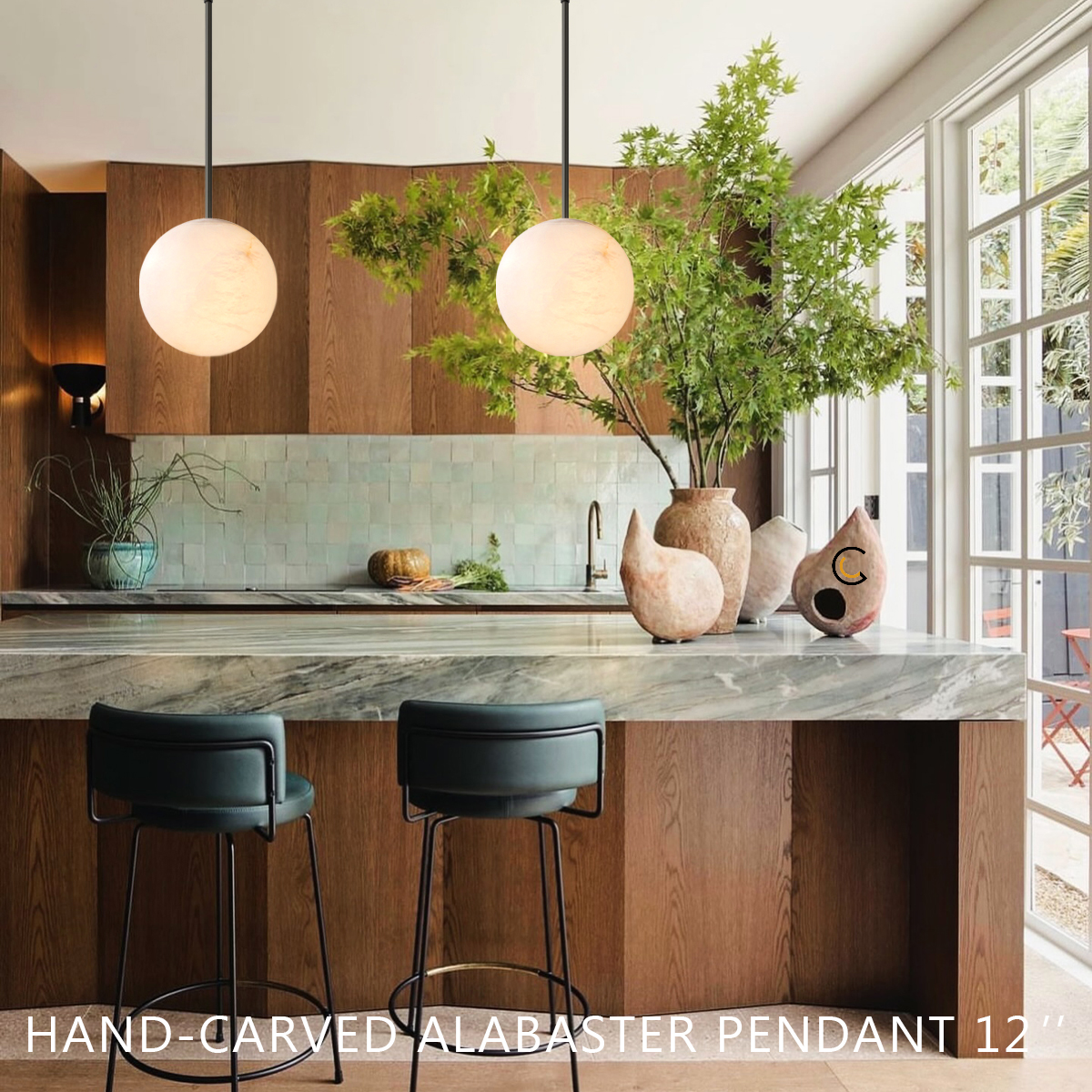 Hand-Carved Alabaster Globe Pendant