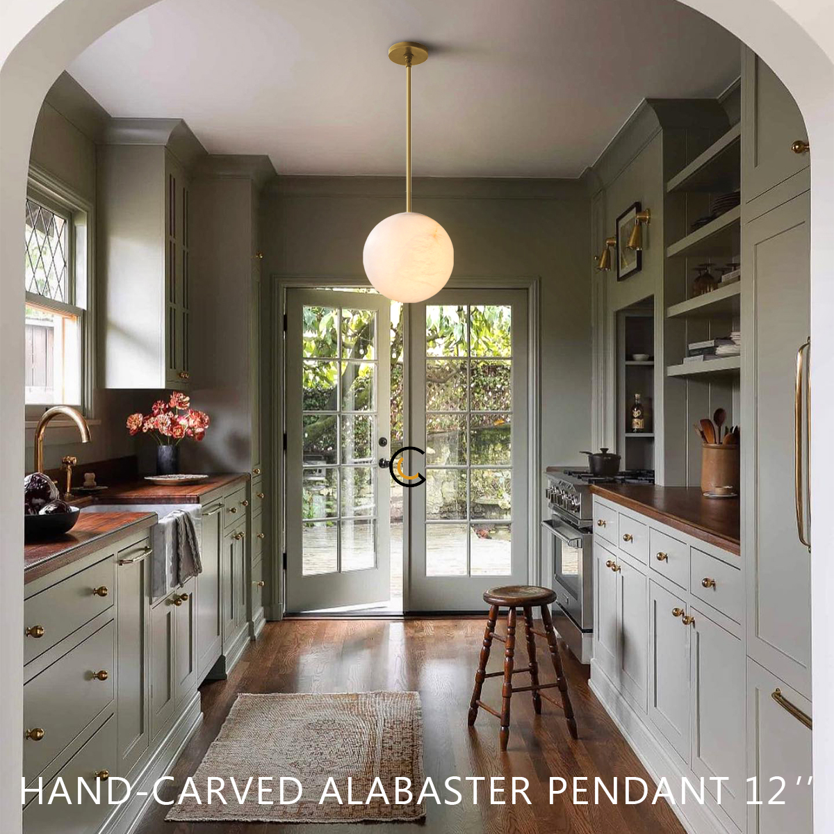 Hand-Carved Alabaster Globe Pendant
