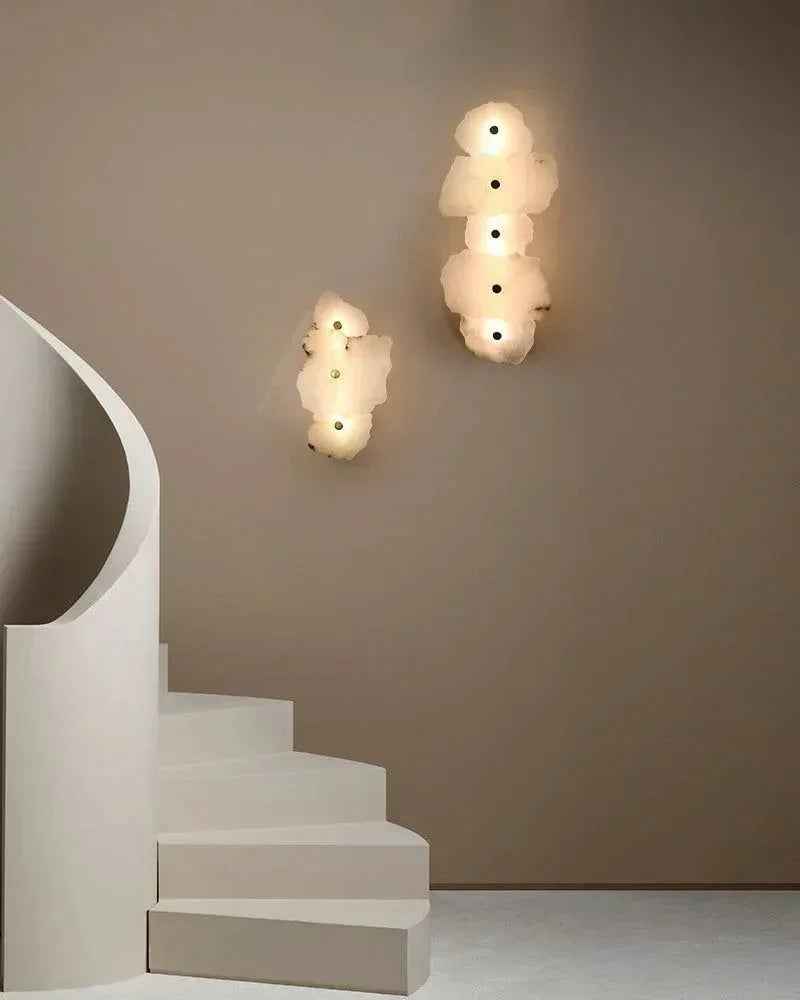 Geometric Wall Sconce | Multi-head Sculptural Natural White Marble with Polished Brass and Gold Accents, Polished Brass for Modern Living Rooms and Hallways Modern Art Design Wall Lamp