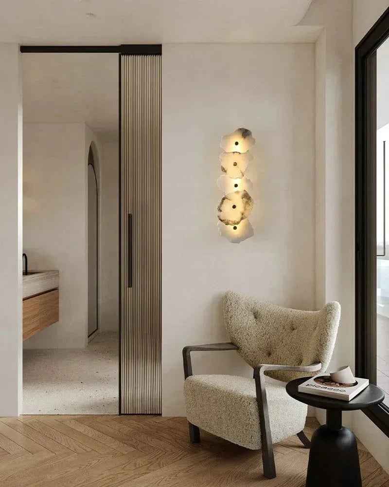 Geometric Wall Sconce | Multi-head Sculptural Natural White Marble with Polished Brass and Gold Accents, Polished Brass for Modern Living Rooms and Hallways Modern Art Design Wall Lamp
