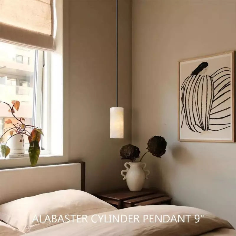 Modern Hand Carved Alabaster Cylinder Pendant Light