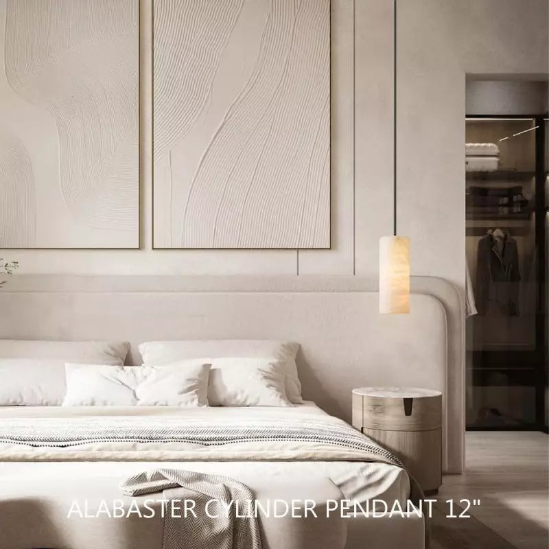 Modern Hand Carved Alabaster Cylinder Pendant Light
