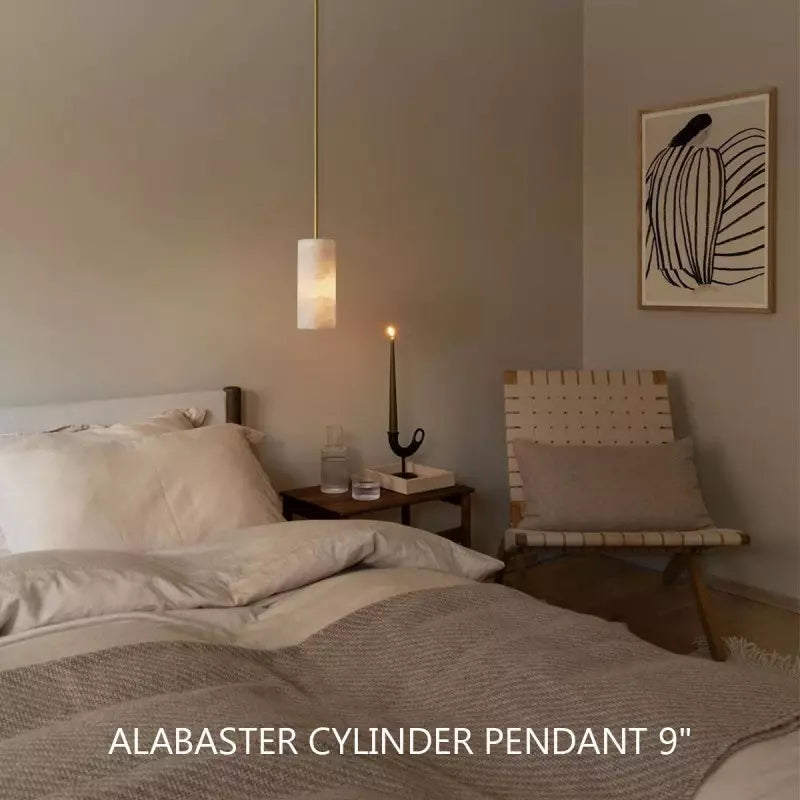 Modern Hand Carved Alabaster Cylinder Pendant Light