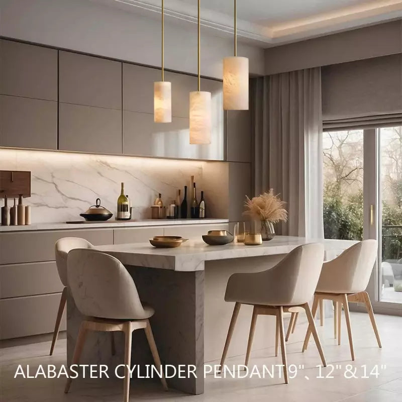Modern Hand Carved Alabaster Cylinder Pendant Light