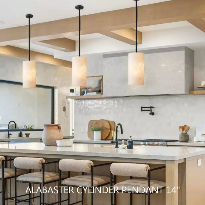 Modern Hand Carved Alabaster Cylinder Pendant Light