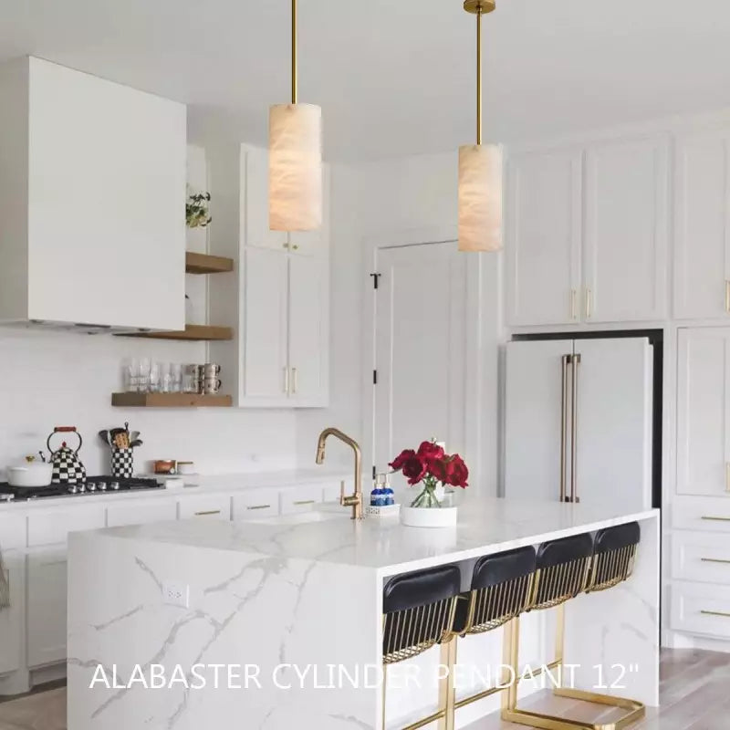 Modern Hand Carved Alabaster Cylinder Pendant Light