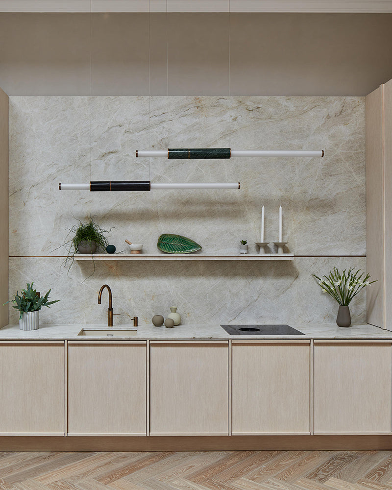 Slim Alabaster Linear Pipe Pendant Light - Silver, Green & Black - suspended vertically & horizontally