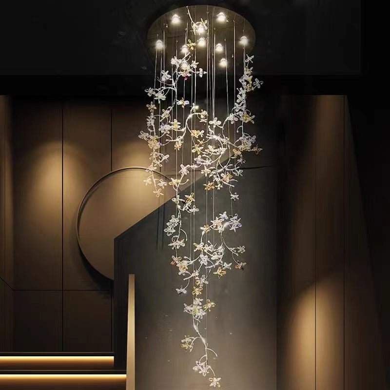 Luxury Branch Flower Crystal Chandelier for High Ceiling Staircase Foyer and Hallway Decor - D19.7"*H118"/18kgGoldWarm meetlighting