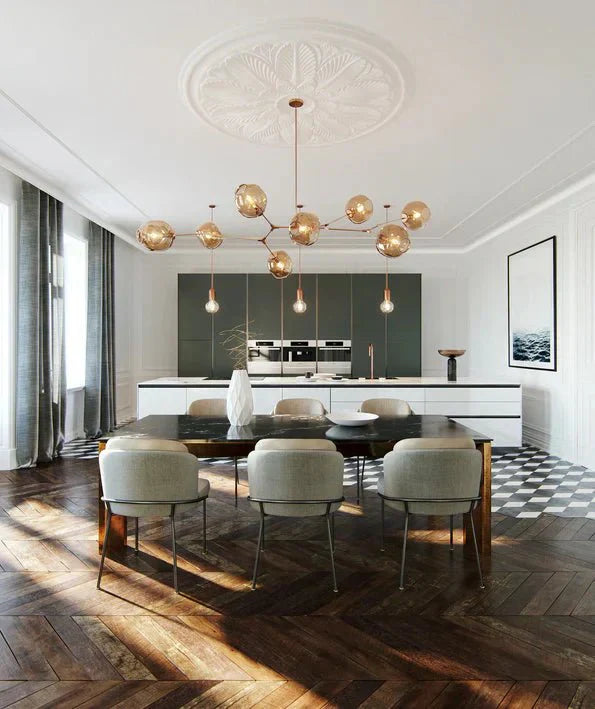 Modern Sputnik Smoky Gray/Amber Glass Branch Chandelier for Kitchen Island/Dining Room - 8 Globes/W89.76"*D33.07"*H22.8"Brass Finish/Clear GlassWarm meetlighting