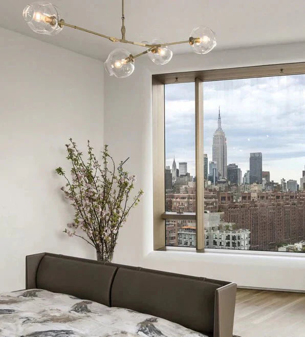 Modern Sputnik Smoky Gray/Amber Glass Branch Chandelier for Kitchen Island/Dining Room - 5 Globes/W64.2"*D20.86"*H20.87"Brass Finish/Clear GlassWarm meetlighting