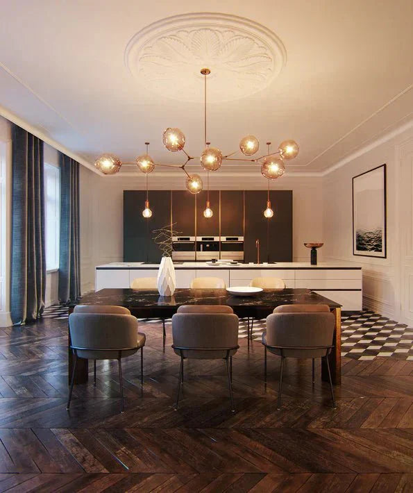 Modern Sputnik Smoky Gray/Amber Glass Branch Chandelier for Kitchen Island/Dining Room - 5 Globes/W64.2"*D20.86"*H20.87"Brass Finish/Clear GlassWarm meetlighting