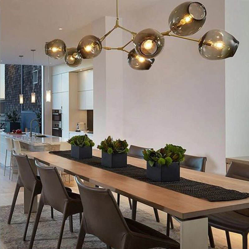 Modern Sputnik Smoky Gray/Amber Glass Branch Chandelier for Kitchen Island/Dining Room - 5 Globes/W64.2"*D20.86"*H20.87"Brass Finish/Clear GlassWarm meetlighting