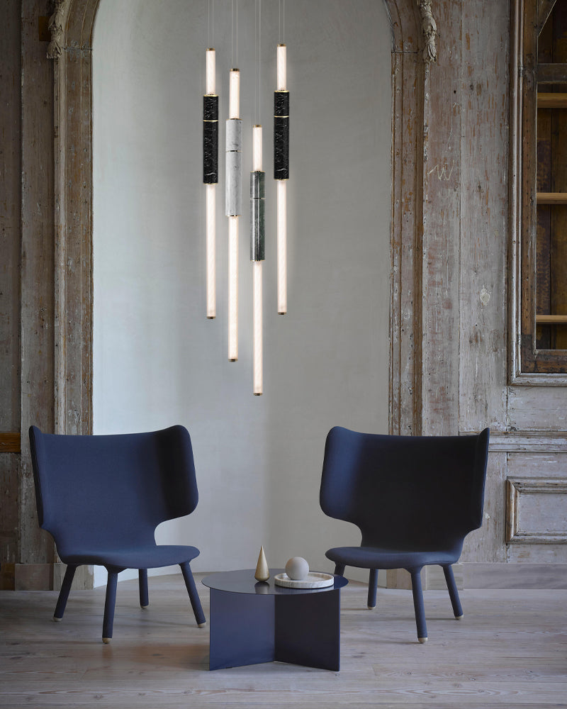 Slim Alabaster Linear Pipe Pendant Light - Silver, Green & Black - suspended vertically & horizontally