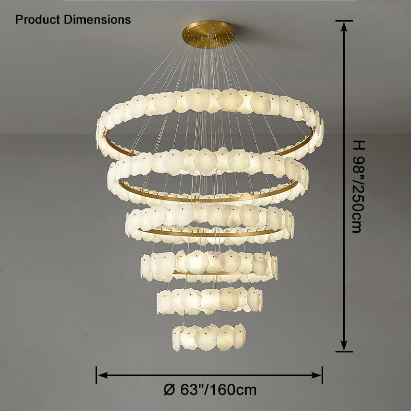 Chandelier with dimensions indicated on a gray background
