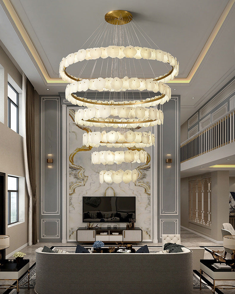 Tiered Circular Alabaster Chandelier-Chandelier-Ø47"xH79"-Gold-Warm White