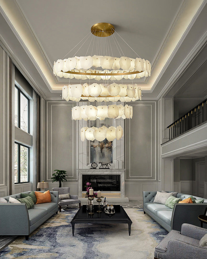 Tiered Circular Alabaster Chandelier-Chandelier-Ø47"xH79"-Gold-Warm White