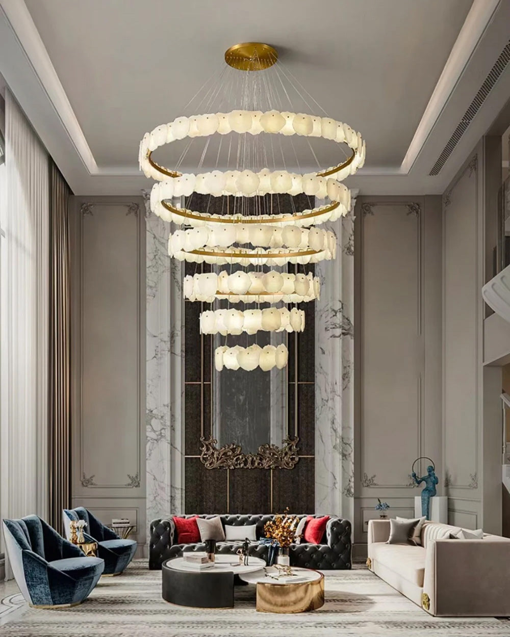 Tiered Circular Alabaster Chandelier-Chandelier-Ø47"xH79"-Gold-Warm White