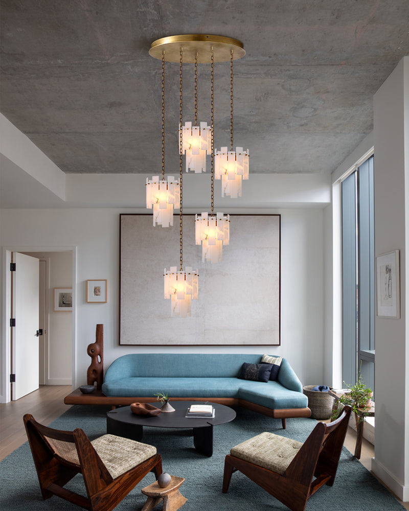 7-light 2-tier Alabaster marble Round Chandelier 13" with adjustable chain 150cm