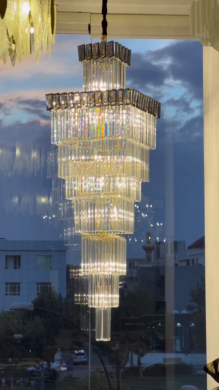 Extra Large Vertical Crystal Staircase Chandelier Foyer Ceiling Light Fixture in Gray/Amber Brim-MEET LIGHTING